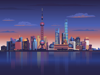 Detailed illustration of Shanghai city. Beautiful landscape travel destination graphic design. Skycrapers cityscape. Vector.