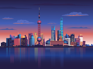 Detailed illustration of Shanghai city. Beautiful landscape travel destination graphic design. Skycrapers cityscape. 