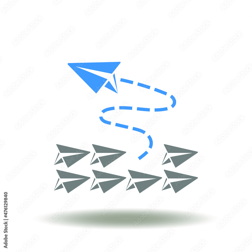 Poster vector illustration of group of group of paper planes fly to the right and one turns around and flie