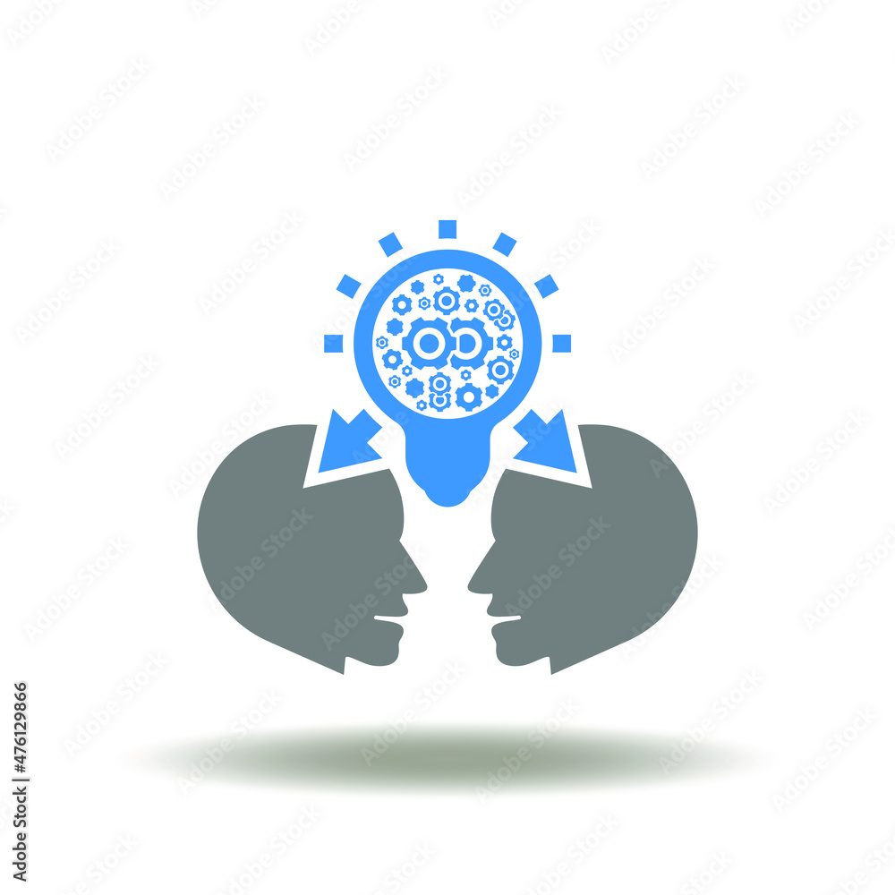 Poster vector illustration of two head with bulb and gears. icon of knowledge transfer. symbol of sharing k