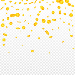 British pound coins falling. Ecstatic scattered GBP coins. United Kingdom money. Shapely jackpot, wealth or success concept. Vector illustration.