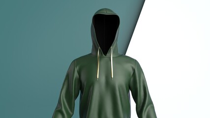 Anonymous hacker with dark green color hoodie in shadow under green-white background. Dangerous criminal concept image. 3D CG. 3D illustration. 3D high quality rendering.