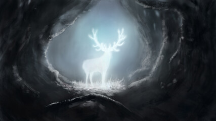 Silhouette of a shining snow-white deer in a dark dense forest. digital art style, illustration painting