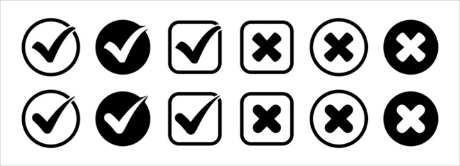 Check mark and cross box icon set. Correct and in correct symbol. Yes no marker symbol. Cross mark icons set. Vector stock illustration.