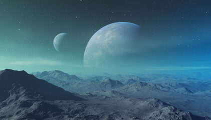 Naklejka na ściany i meble 3d rendered Space Art: Alien Planet - A Fantasy Landscape with blue skies and stars