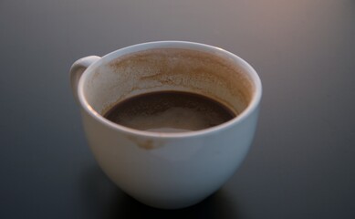 Dirty Cup After Drinking Coffee on a White Background . Concept for Ending a Meeting or Something Else. Mess on the Table after Breakfast with Dirty Mug White Porcelain Cup