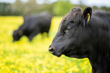 Stud beef cows and bulls grazing on green grass in Australia, breeds include speckle park, murray...