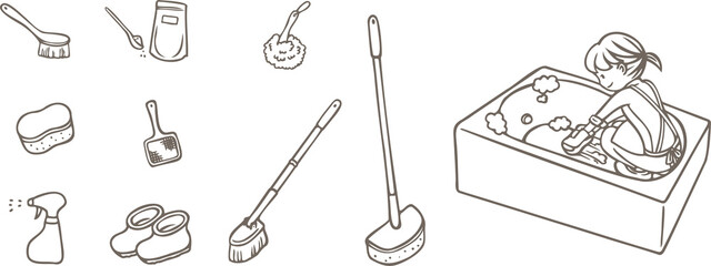 浴槽を掃除する女性と風呂掃除用具のイラストセット