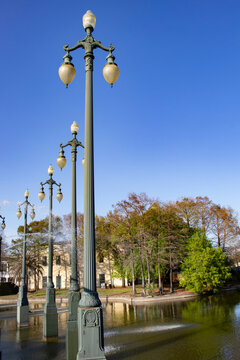 A Row of Traditional Street Lamps Rise up from the Water Fountains in the Public Louis Armstrong Park in the Tremé Neighborhood of New Orleans, Louisiana, USA