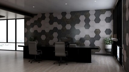 modern business office manager room with 3d design interior for company wall logo mockup