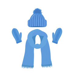 Vector illustration of blue knitted hat with pompom, knit scarf and mittens isolated on white background.