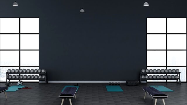 modern gym wall logo mockup with fitness or gym equipments