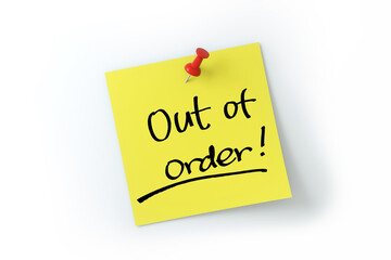 out of order written on yellow sticker note over white background