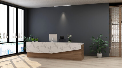 luxury office front desk or receptionist room with wooden design interior