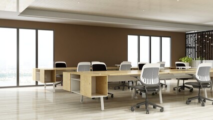 Fototapeta na wymiar office workspace area with blank wall 3d design interior