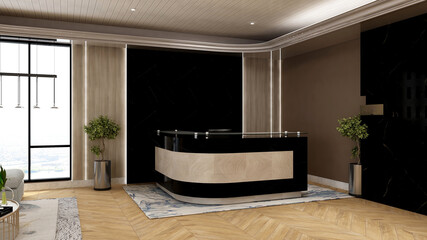 luxury office front desk or receptionist room with wooden design interior