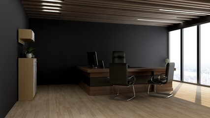 modern business office manager room with 3d design interior for company wall logo mockup