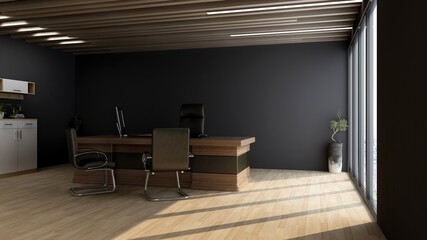 modern business office manager room with 3d design interior for company wall logo mockup