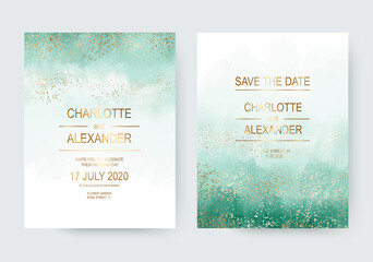 Mint watercolor wedding invitation design cards with gold dust confetti.