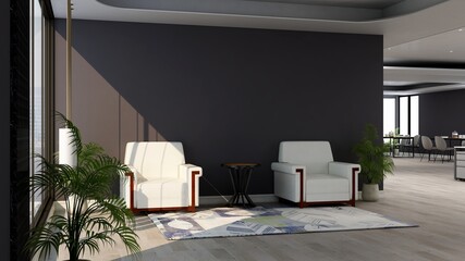 modern office lobby waiting room 3d render interior with sofa for logo mockup