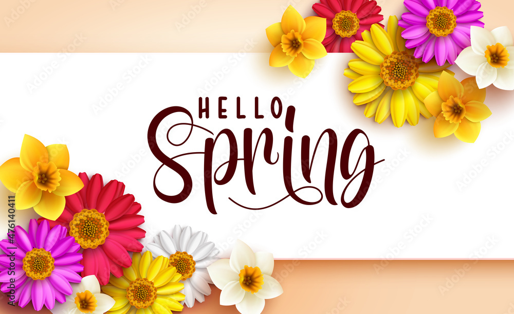 Poster spring floral vector template design. hello spring greeting text in white banner space with colorful