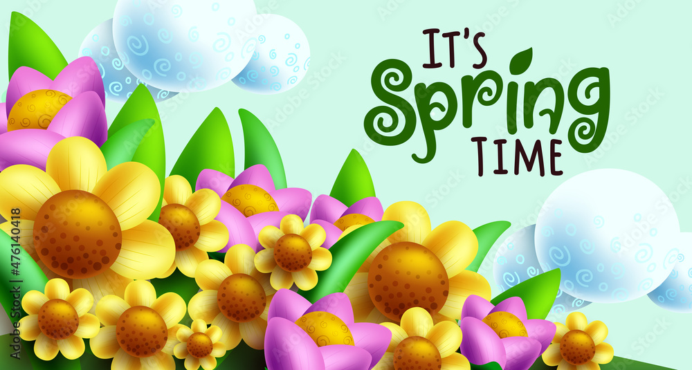 Poster spring time vector background design. it's spring time text in cute flower field with leaves and dai