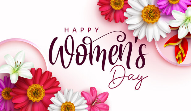 Women's day vector background design. Happy womens day greeting text with chamomile and heliconia colorful flowers for feminine celebration decoration. Vector illustration.
