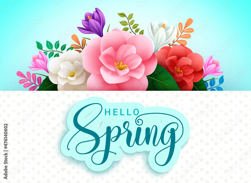 Poster spring greeting vector template design. hello spring text in paper art decoration and white pattern 
