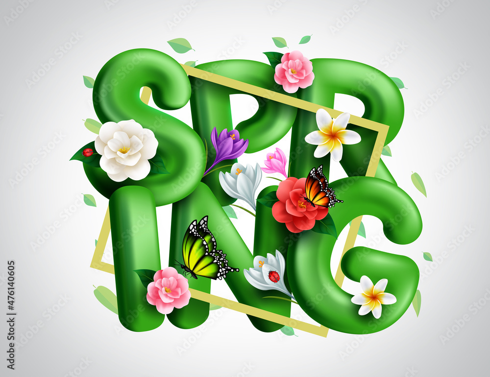 Poster spring 3d vector concept design. spring typography text in white background with leaves, flowers and