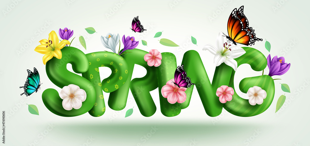 Poster spring typography vector concept design. spring 3d text in green realistic patterns with leaves, flo