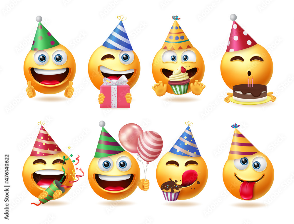 Wall mural Emoji birthday vector set design. Emojis 3d face isolated in white background with party hats, cake and gift celebration elements for graphic birth day emoticon collection. Vector illustration.
