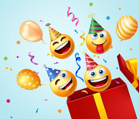 Birthday emojis gift vector design. Emoji happy and funny faces in surprise explosion box with hats, balloons and confetti elements for party celebration emoticons. Vector illustration.
