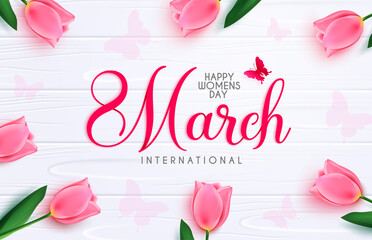 March 8 womens day vector background design. Happy women's day typography text with pink tulips flower element and butterfly pattern for woman celebration greeting. Vector illustration. 