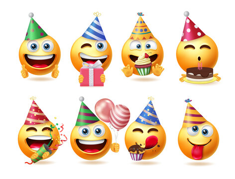 Emoji birthday vector set design. Emojis 3d face isolated in white background with party hats, cake and gift celebration elements for graphic birth day emoticon collection. Vector illustration.
