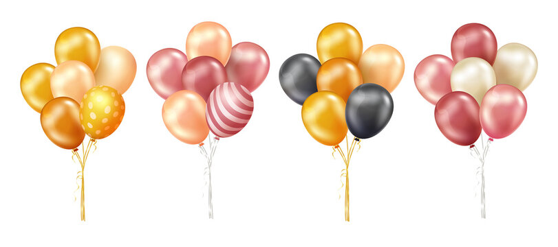 Birthday balloon bunch vector set. Floating balloons in gold and rose gold colors with strings and patterns isolated in white background for birth day celebration bunches collection. 