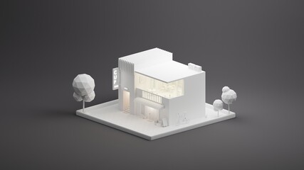 Clay of Coffee shop isometric style in dark background. 3D illustration monochrome low poly modelling. Image with copy space