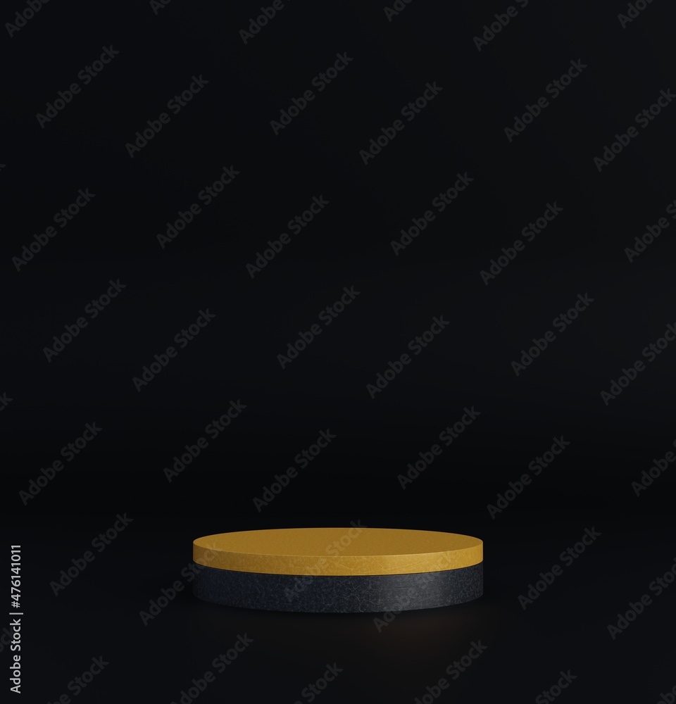 Poster Minimal dark scene with Cylinder podiums on black color background.Abstract geometric shape for products presentation.3D render illustration.