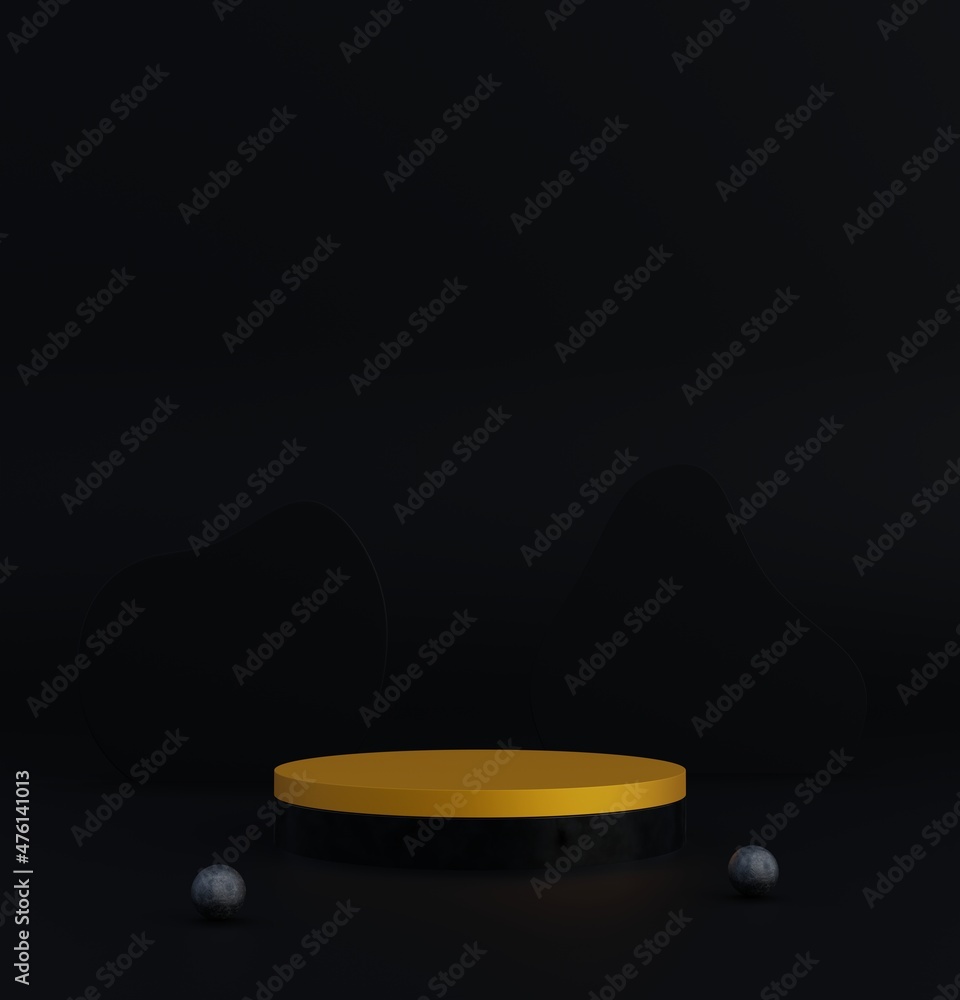 Poster minimal dark scene with black and gold cylinder podiums on black color background.abstract geometric