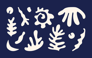 Set of white hand-drawn sea shapes in Matisse style on blue background. 