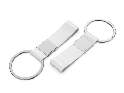 Blank keychain mock up on isolated white background for branding, 3d render illustration.