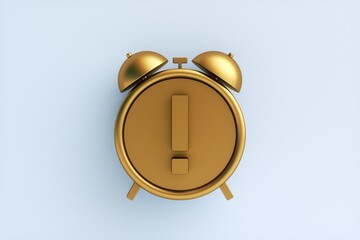 Golden alarm clock with Exclamation mark sign on blue background. 3d rendering. - obrazy, fototapety, plakaty