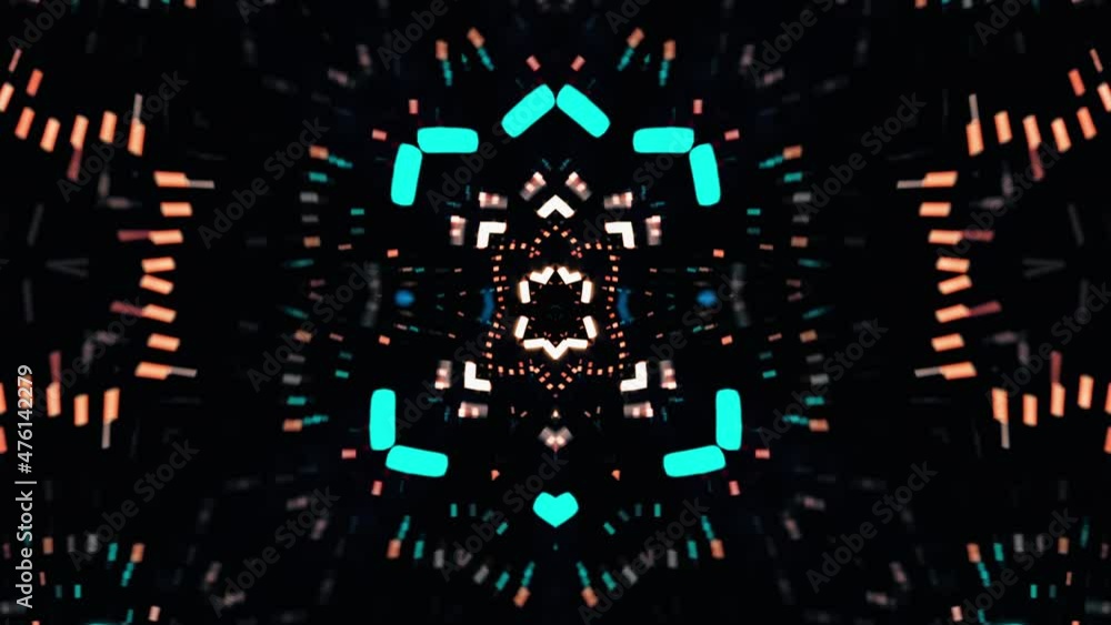 Poster infinite loop flicker dark blue gold rotating kaleidoscope tunnel of shining blue neon color lights.