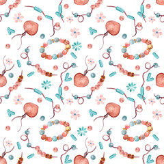 Jewelry, beads seamless pattern. Boho style. Watercolor illustration.
