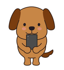 Dog watching a smartphone. Vector illustration isolated on a white background.