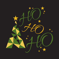 Ho ho ho. Lettering phrase in golden style on black background. Design element for poster, greeting card. Vector illustration