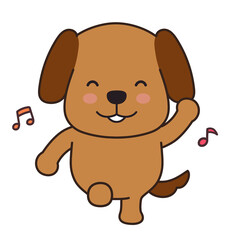 Dog dancing happily with musical notes. Vector illustration isolated on a white background.
