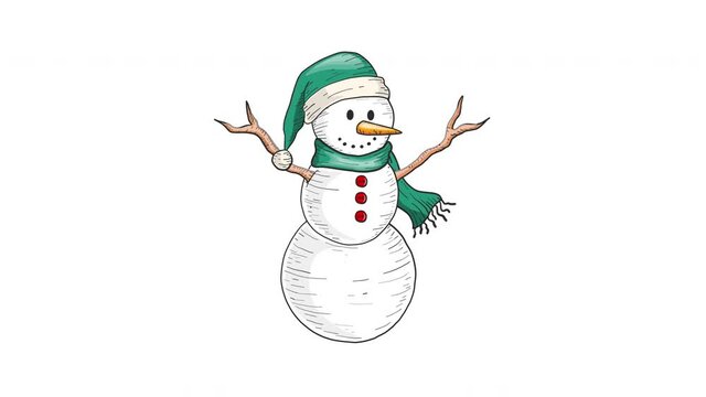 4K Vintage engraving style hand draw animated snowman with rotation effect Holiday Christmas and new Year Concept Empty design template. Snow man animation Isolated on white background Animated Vector