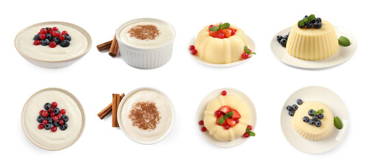 Set with delicious semolina puddings on white background. Banner design