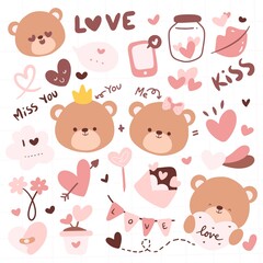 Kawaii cute bear doodle set vector illustration 