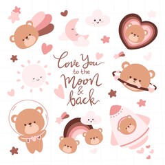 Kawaii cute bear doodle set vector illustration 